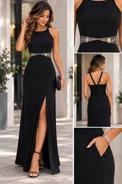 Vintage Faviana Black Rhinestone Cutout Formal Maxi Gown Dress 3/4